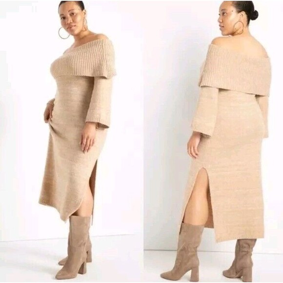 Eloquii Off The Shoulder Midi Flare Sleeve Fall Sweater Dress Tan Size 26/28 - Picture 1 of 10